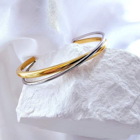 Silver & Gold Two Tone Twisted Open Wrap Cuff Bracelet - Picture 1 of 9